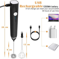Black Rechargeable Electric Milk Frother Handheld (3 Speeds)
